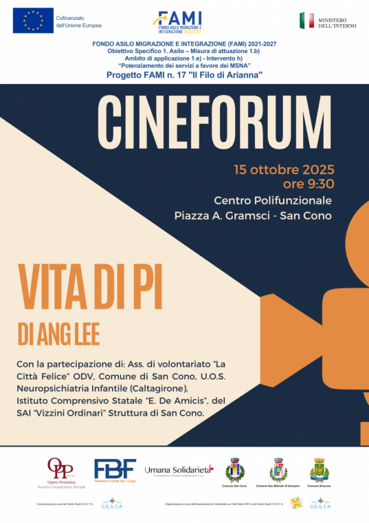 SAN CONO – Il cinema come ponte tra culture: il 15 ottobre il cineforum “Vita di Pi” per il progetto FAMI “Il Filo di Arianna”